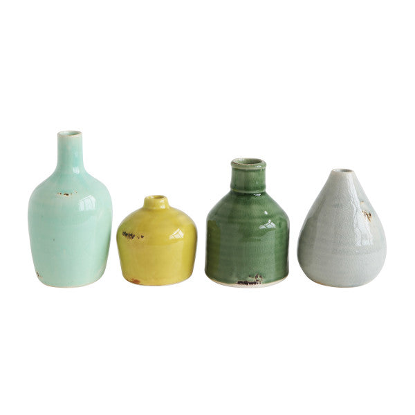 Set of 4 multicolored terracotta vases in assorted sizes, decorative rustic pottery for home décor.